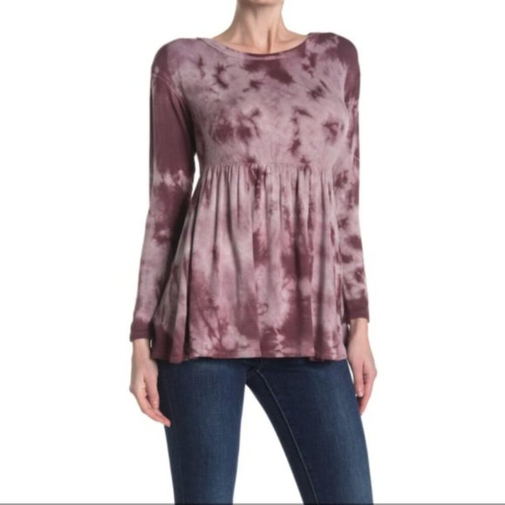 Baea Tie Dye Coco/Burgundy Medium NEW Peplum Babydoll Flowy Soft Stretchy Top